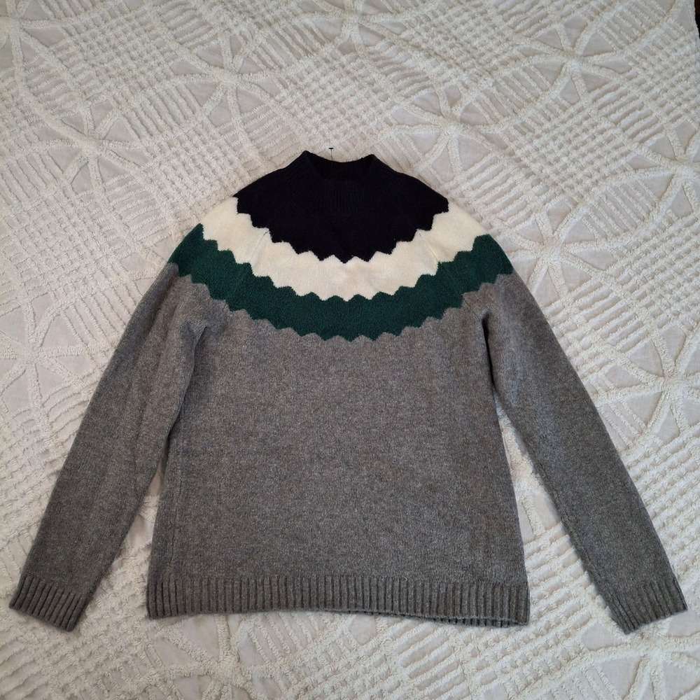 Talbots Womens Medium Grey Fair Isle Zig Zag Mock Neck Sweater Stretch NWT